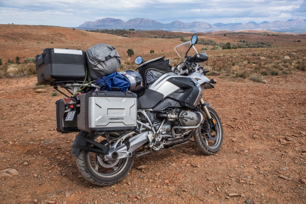 BMW R1200 GS motorbike on sparsely vegetated high lookout in Flinders Ranges