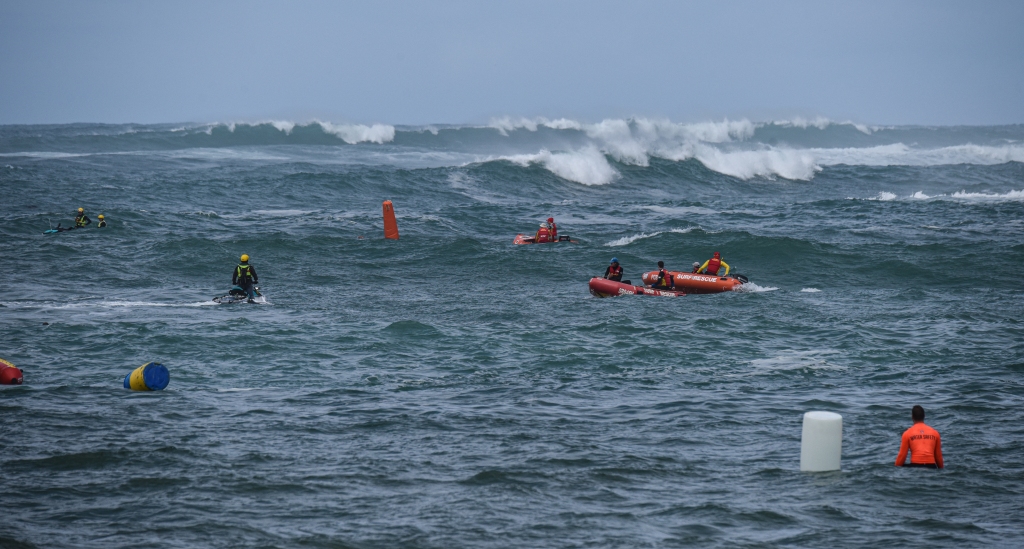 Breaking surf at the seaward swimming race turn buoy